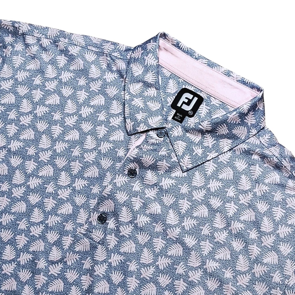 FootJoy Shadow Palm Print Lisle Mens Golf Polo Shirt Fern Print Blue Pink 2XL